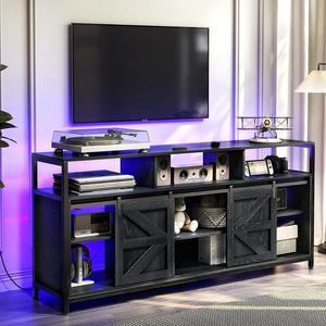 Mid Century Modern Black TV Stand with Sliding Barn Doors, Charging Station, LED Lights, and Storage Shelves for up to 70 inch TVs