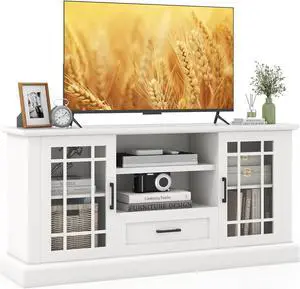Tangkula Farmhouse TV Stand for TV up to 70 Inch, Tall Media Console Table with 2 Glass Doors, Entertainment Center with Cubbies & Drawer, Storage Cabinet or Sideboard Buffet for Living Room (White)