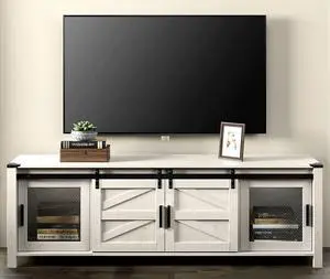 WAMPAT Farmhouse Entertainment Center for ups to 75 inch TV, 70" Wood Sliding Barn Door Media TV Console Table with Storage Shelf for Living Room BedroomAntique White