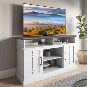 BELLEZE Modern 48" Farmhouse Wood TV Stand & Media Entertainment Center Console Table for TVs up to 50 Inch with Open Storage Shelves & Cabinets - Norrell (White) BELLEZE Modern 48" Farmhouse Wood TV Stand & Media Entertainment Center Console Table for TVs up to 50 Inch with Open Storage Shelves & Cabinets - Norrell (White)