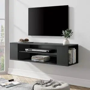 WAMPAT Floating TV Shelf 3-Tier for 32-55 inch TV, Floating Entertainment Center Wall Mounted with Adjustable Shelf, Media Console with Storage Under TV for Living Room Bedroom, 39.4 inch, Black