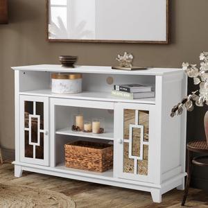 VINGLI TV Stand for 55 inch TV, White TV Stand Entertainment Center, Mirror Doors
