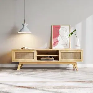 Xilingol TV Stand with Rattan Sliding Doors, Low Profile Television Stands for TVs up to 65 Inches TV, Modern Farmhouse Boho Home Media Console for Living Room Bedroom, 59 Inch