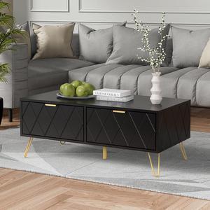 Anbuy Coffee Table for Living Room with Storage, Rectangle Coffee Table with Dual Storage Drawers & 2 Open Shelf, Wood TV Stand Side End Table for Apartment Black