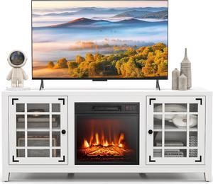 COSTWAY Electric Fireplace TV Stand for TVs up to 65-inch, 18-inch Fireplace Entertainment Center with Remote Control, Thermostat, TV Console with Adjustable Shelves for Living Room Bedroom, White