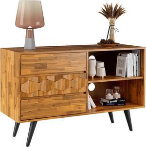 Bme Teak Brown Georgina Solid Wood Television Stands-10 Minutes Assembly Entertainment Center with Storage-Geometric Pattern Media Console for Living, Dining Room, TV Cabinet for 45" TV