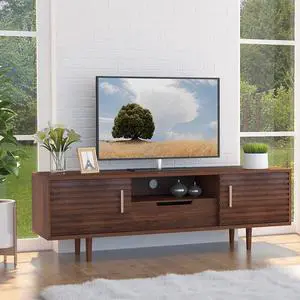 Alohappy Mid-Century Modern TV Stand for up to 60 Inch TVs, 59" Wood Entertainment Center TV Console Table with Storage Drawer and Open Shelves, Stylish TV Cabinet for Living Room/Bedroom, Brown