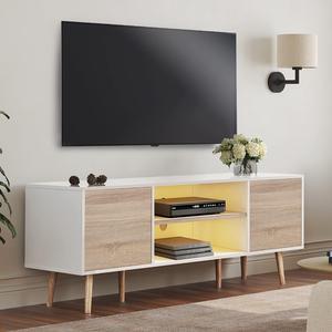 WAMPAT TV Stand Media Entertainment Center for TVs up to 60 Inch, Mid-Century Modern TV Console Table with Storage Cabinet Doors for Living Room Bedroom and Office, White/Oak, 55 inch