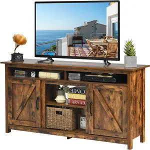 Tangkula Industrial TV Stand with Barn Doors for TVs up to 65 Inches, Farmhouse TV Console Cabinet with Shelves & Cabinets, Rustic Entertainment Center for Living Room, TV Console Table, Rustic Brown