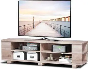 KOTEK Wooden TV Stand for TVs up to 65 Inches, TV Console Table with 8 Open Storage Shelves, Modern TV Table Entertainment Center for Living Room, Bedroom (White Oak)