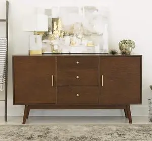 Walker Edison Mid Century Modern-TV Stand Console with 3 Drawers and Closed Cabinet Storage, 60", Walnut