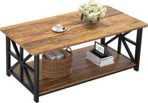 GreenForest Coffee Table with Round Corner, Farmhouse Center Table with 2-Tier Storage Shelf X-Frame Design for Living Room, 39 inch Walnut