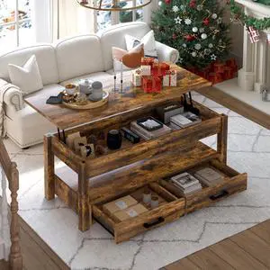 FABATO 41.7'' Lift Top Coffee Table with 2 Storage Drawer Hidden Compartment Open Storage Shelf for Living Room Dining Table Reception Room Rustic Brown