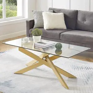 Rectangle Modern Coffee Table, Tempered Glass Top and Metal Tubular Leg, 47.3Lx23.6Wx18.1H, Gold