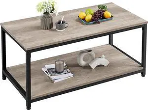 Yaheetech 2-Tier Industrial Wood Coffee Table, Cocktail Table Center Table with Open Storage Shelf for Living Room, Vintage Accent Furniture Table with Metal Frame, Easy Assembly, Gray
