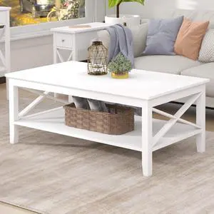 ChooChoo Coffee Table Classic X Design for Living Room, Rectangular Modern Cocktail Table with Storage Shelf, 39 Inch (White)