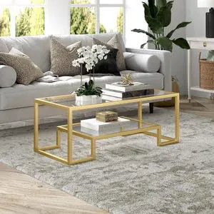 Henn&Hart 45" Wide Rectangular Coffee Table in Brass, Modern coffee tables for living room, studio apartment essentials
