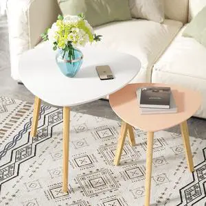 BAMEOS Bamboo Nesting Triangle End Table,Set of 2 Coffee Table Modern Minimalist Side Table for Living Room (White & Pink)