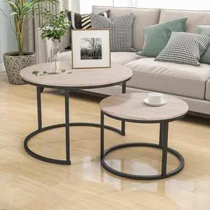 HOJINLINERO Industrial Round Coffee Table Set of 2 End Table for Living Room,Stacking Side Tables, Sturdy and Easy Assembly,Wood Look Accent Furniture with Metal Frame,Black+Teak Oak