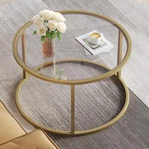 SAYGOER Small Glass Coffee Table Round Gold Coffee Table for Small Space Modern Simple Center Table with Gold Frame for Living Room Home Office, Easy Assembly