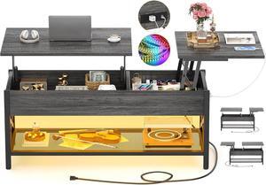 Besiost Coffee Table, Lift Top Coffee Table with Storage, LED Light & Power Outlet and Hidden Compartment, Retro Center Table for Living Room, X Support Wood Tabletop, Metal Frame, Black Oak