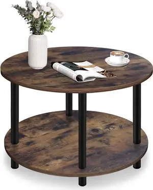 Vanrohe Small Round Coffee Table for Small Space, 23.5" 2-Tier Rustic Brown Wooden Coffee Table with Open Storage for Living Room/Balcony/Office, Metal Legs, Easy to Assemble