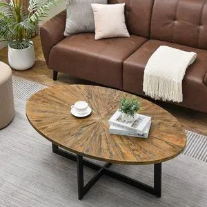 JESONVID Solid Wood Oval Coffee Table with Cross Metal Legs, 47.9" Industrail Bar Cocktail Table for Living Room Kitchen Office Sofa Table Bristro Table for Cafe/Bar Rustic Brown 1831