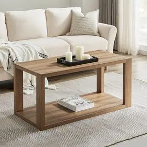 SICOTAS Farmhouse Wood Coffee Table - Boho Table with Storage Shelf, Rectangle Center Table Wood Look Accent Table, 2-Tier Sofa Side Table Mid Century Modern Coffee Table Living Room Furniture