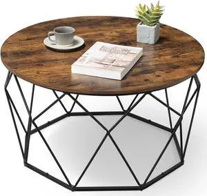 VASAGLE Round Coffee Table for Living Room, Cage Cocktail Table with Steel Frame, 31.5 Inches Dia., Industrial Style, Rustic Brown and Black ULCT040B01