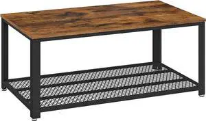 VASAGLE Coffee Table for Living Room, 2-Tier Cocktail Table, Center Table with Mesh Shelf, Steel Frame, Adjustable Feet, Industrial Style, Rustic Brown and Black ULCT61X