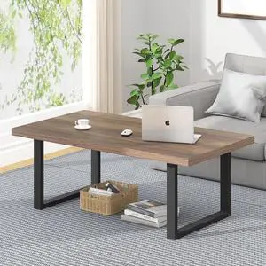 IBF Farmhouse Coffee Table, Modern Minimalist Wood Coffee Table for Living Room, Simple Industrial Rectangle Center Table, Wood and Metal Tea Coffee Table for Home Bedroom Office, Rustic Oak, 47 inch