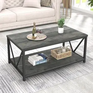 EXCEFUR Coffee Table, Rustic Wood and Metal Center Table for Living Room, 39.3 Inch Grey