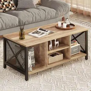 FATORRI Coffee Table for Living Room, Rustic Wood Center Table with Shelves, Farmhouse Rectangle Cocktail Tea Tables (Rustic Oak)
