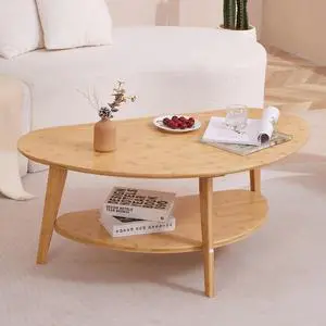 NAVREX Large Double-Layer Oval Coffee Table with Storage Shelf in Mid Century Modern Style for Living Room or Bedroom, Triangle Aesthetic Eco-Friendly Coffee Table (Bamboo)