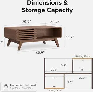 mopio Ensley Coffee Table with Storage, Mid Century Modern, Farmhouse Wood Coffee Table for Living Room Fluted (Walnut)