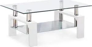 Mecor Rectangle Glass Coffee Table-White Modern Side Coffee Table with Lower Shelf Metal Legs-Suit for Living Room