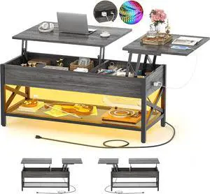 Aheaplus Lift Top Coffee Center Table with LED Light and Power Outlet, Modern Table with Storage Shelf for Living Room, Lift Tabletop, X Support, Metal Frame, Black Oak