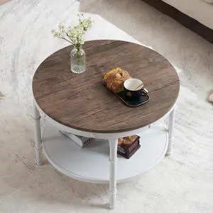 VINGLI 25.6" Round Farmhouse Coffee Table with Storage, Dark Walnut White VINGLI 25.6" Round Farmhouse Coffee Table with Storage, Dark Walnut White