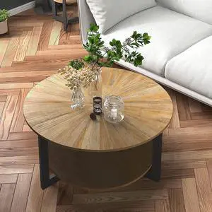 LEEMTORIG Round Wood Coffee Table for Living Room, Circle Round Coffee Table, Farmhouse Solid Wood Drum Coffee Table with Storage, Yellowish Brown Wood Tabletop & Black Metal Frame, KFZ-1338