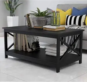 Locsear Black Coffee Table for Living Room with Storage Simple Center Table with 1 Shelf and X Shape Design, Rectangular