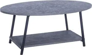 Household Essentials Oval Coffee Table with Storage Shelf in Rustic Concrete Finish and Black Metal Frame, Slate Finish Household Essentials Oval Coffee Table with Storage Shelf in Rustic Concrete Finish and Black Metal Frame, Slate Finish