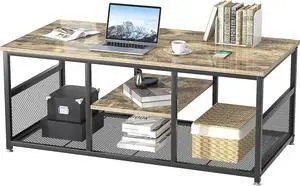 VECELO Coffee Center Table with Storage for Living Room Office Reception, Industrial Mesh Shelf, 39.4 Inch, Grey