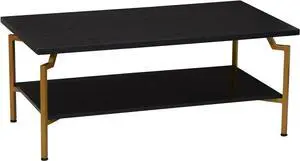 Household Essentials Crown Rectangular Coffee Table with Storage Shelf Black Oak Wood Grain and Gold Metal