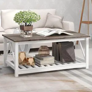 UYIHOME Farmhouse Coffee Table for Living Room, 2-Tier Rectangular Wooden Centre Cocktail Table with Slats Shelf Storage and V-Shaped Frame, Oak Grey
