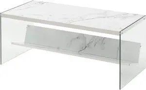 Convenience Concepts SoHo Glass Coffee Table with Shelf, White Faux Marble/Glass