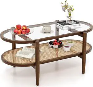 Giantex Boho Rattan Coffee Table - Acacia Wood Center Table with Tempered Glass Tabletop & PE Rattan Storage Shelf, 2-Tier Oval Tea Table for Small Space, Living Room, Bedroom, 40L