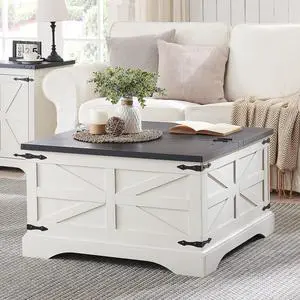 JXQTLINGMU Farmhouse Coffee Table, Square Wood Center Table with Large Hidden Storage Compartment for Living Room, Rustic Cocktail Table with Hinged Lift Top for Home, White JXQTLINGMU Farmhouse Coffee Table, Square Wood Center Table with Large Hidden Storage Compartment for Living Room, Rustic Cocktail Table with Hinged Lift Top for Home, White