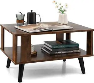 Tangkula Small Coffee Table for Small Space, 2-Tier Wooden Center Table with Open Storage Shelf, Side Baffle, Easy Assembly, Industrial Side Table for Living Room Bedroom (Rustic Brown)