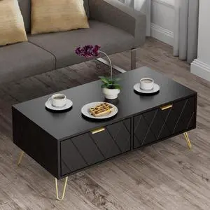 Scurrty 39.4'' Coffee Table with Large Drawers & 2 Open Storage Shelves, Black Modern Coffee Tables with Gold Metal Handles for Living Room, Bedroom and Study (Black)