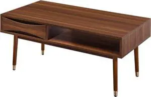 Teamson Home Dawson 40 in. x 21.63 in. Wooden Mid-Century Modern Coffee Table with Drawer and Shelf, Walnut with Brass Leg Tips